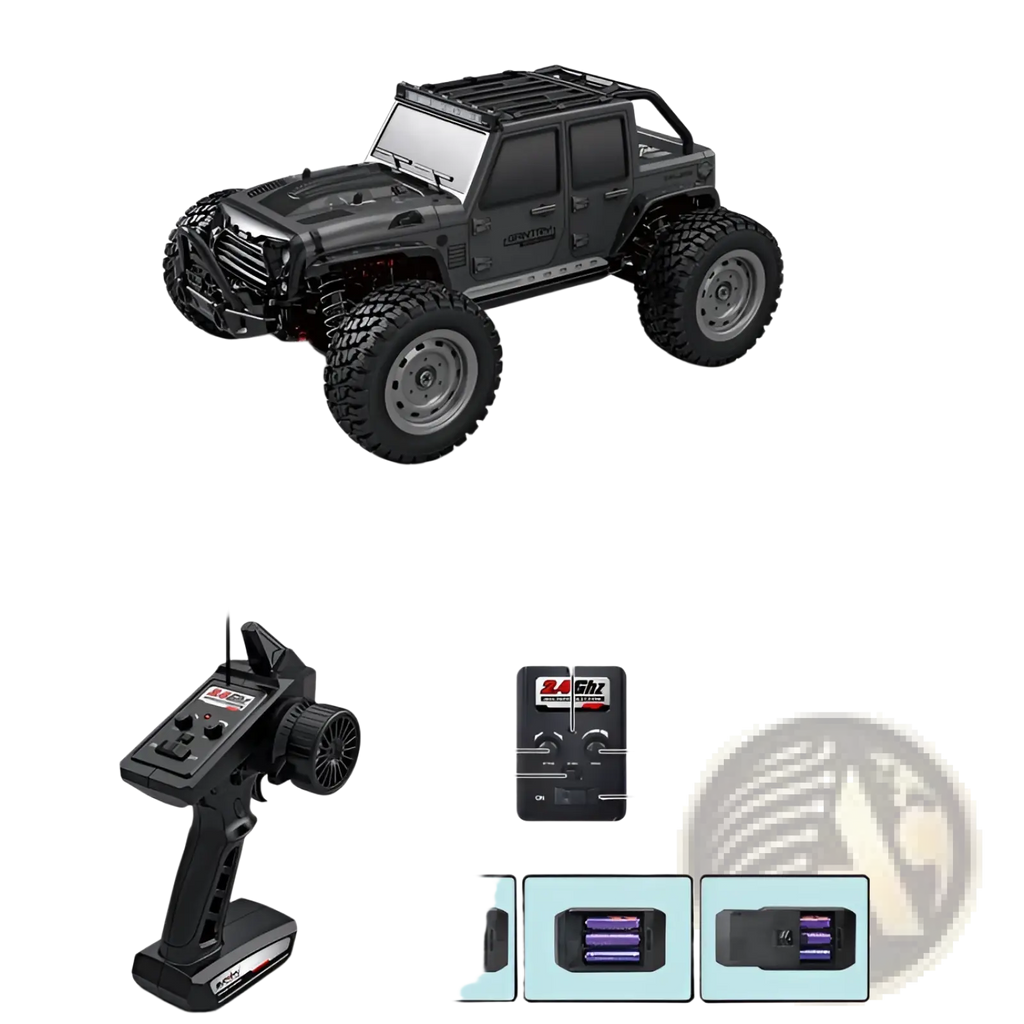 Black remote control high speed 1 16 off-road jeep toy with rugged tires and roof rack for outdoor terrain
