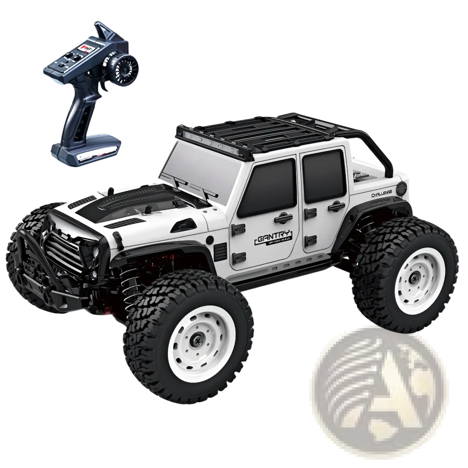 Remote control high speed 1:16 off-road jeep toy in white and black with rugged tires roof rack and detailed bodywork