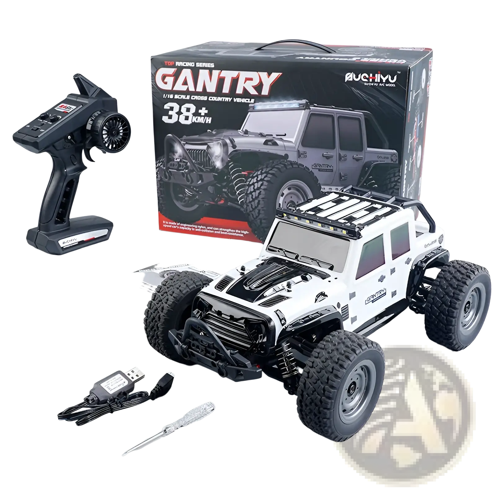 White and black 1 16 scale remote control high speed off-road jeep toy with rugged tires roof rack and detailed chassis