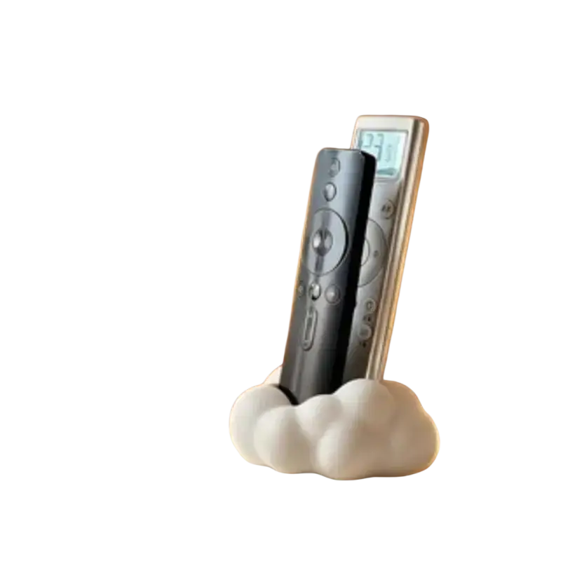 White cloud-shaped remote control holder desktop organizer stand holding two remote controls for living rooms