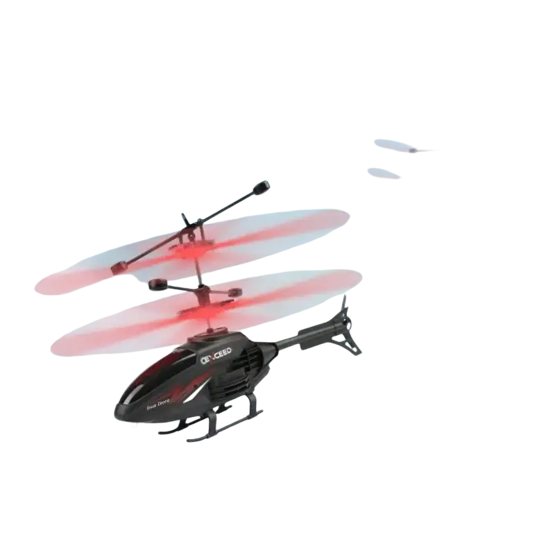 Black and red remote control induction helicopter led drone with transparent rotor blades designed for optimal flight time and charging time