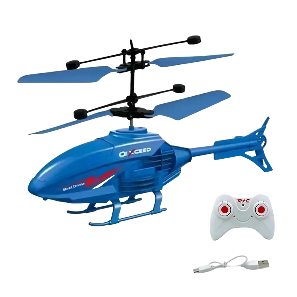 Blue plastic remote control induction helicopter led drone with red accents and black rotor blades by crazed, flight time optimized