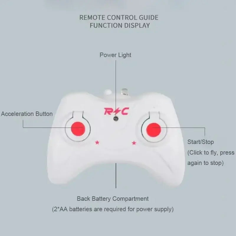 White remote control with red circular buttons and central logo for remote control induction helicopter led drone flight time