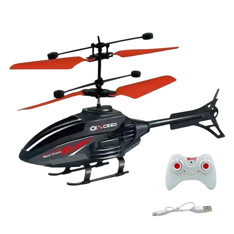 Black and red cexceed remote control induction helicopter with orange blades featuring led light and optimized charging time and flight time