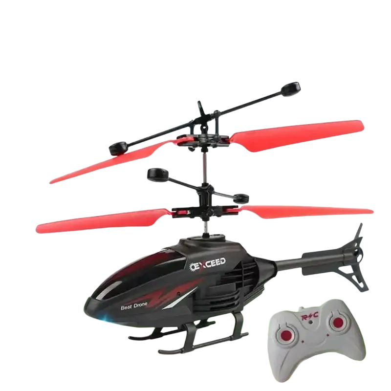 Black and red exceed branded remote control induction helicopter with led light featuring optimal charging time and flight time