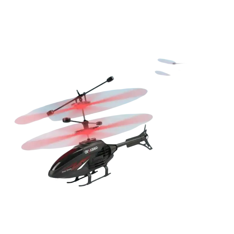 Black and red remote control induction helicopter with transparent propellers and internal gyroscope for stable flight time and charging time