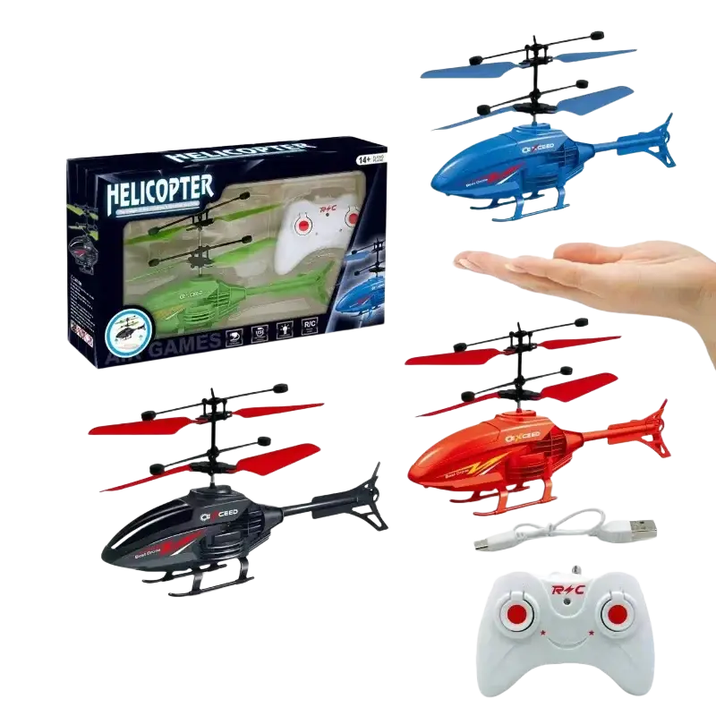 Blue and red remote control induction helicopter with led light black rotor blades and white controller for flight time and charging time