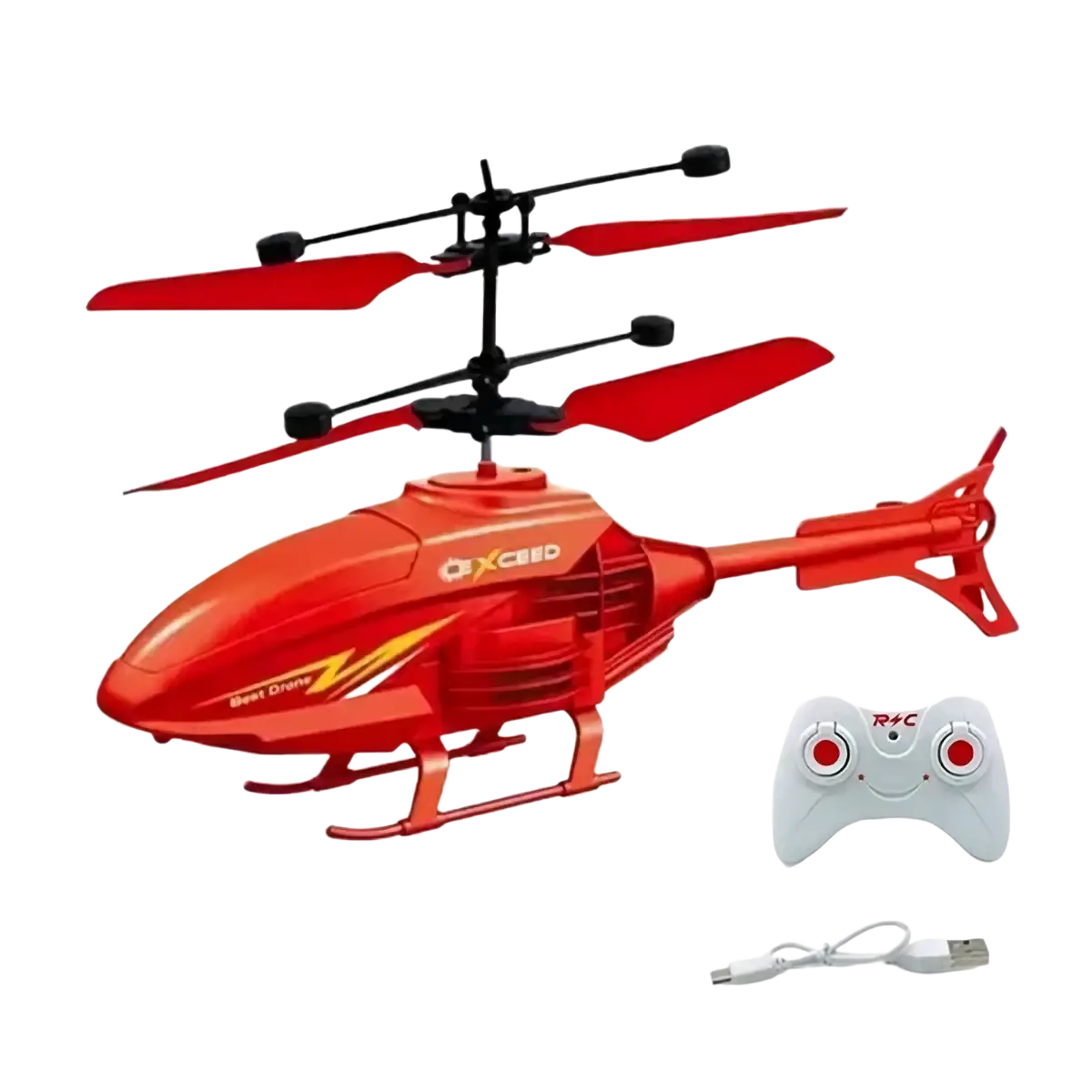 Red remote control induction helicopter with black rotor blades and white controller highlighting charging time and flight time