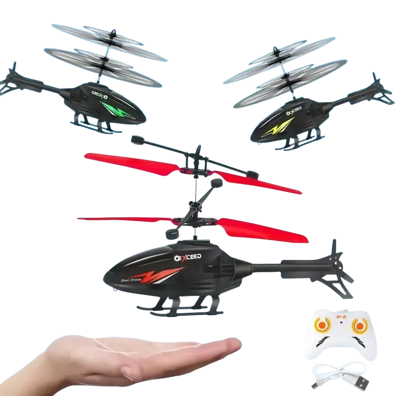 Black exceed remote control induction helicopter toy with red and green accents featuring infrared transmitter technology