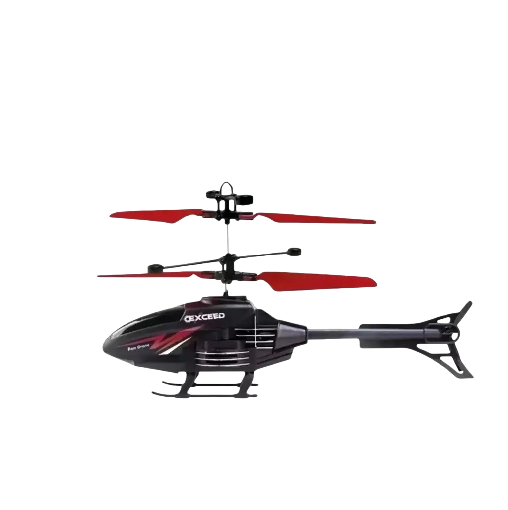 Black and red exceed branded remote control induction helicopter toy featuring infrared transmitter for precise flight control
