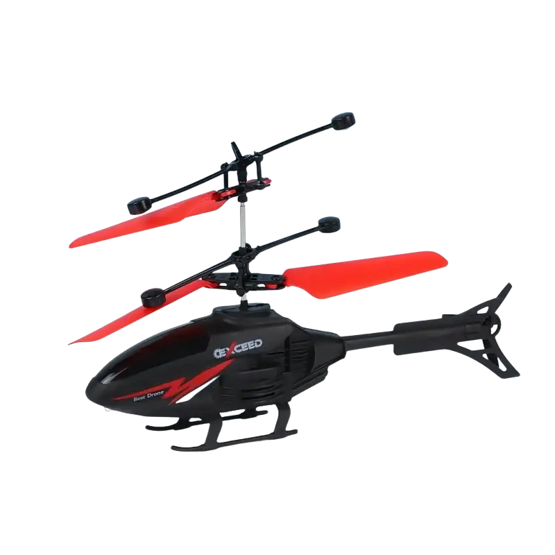 Black and red exceed brand remote control helicopter toy with infrared transmitter and induction flight capability