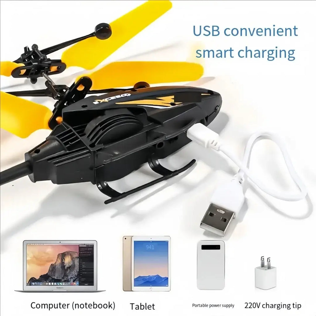 Black and yellow remote control induction helicopter toy with sleek aerodynamic design and infrared transmitter features