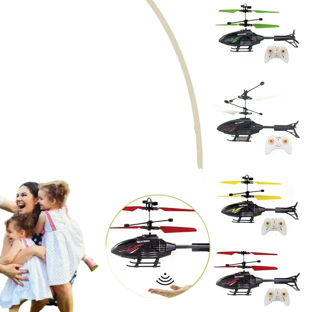 Black remote control induction suspension helicopter toy with red accents and multicolored rotor blades
