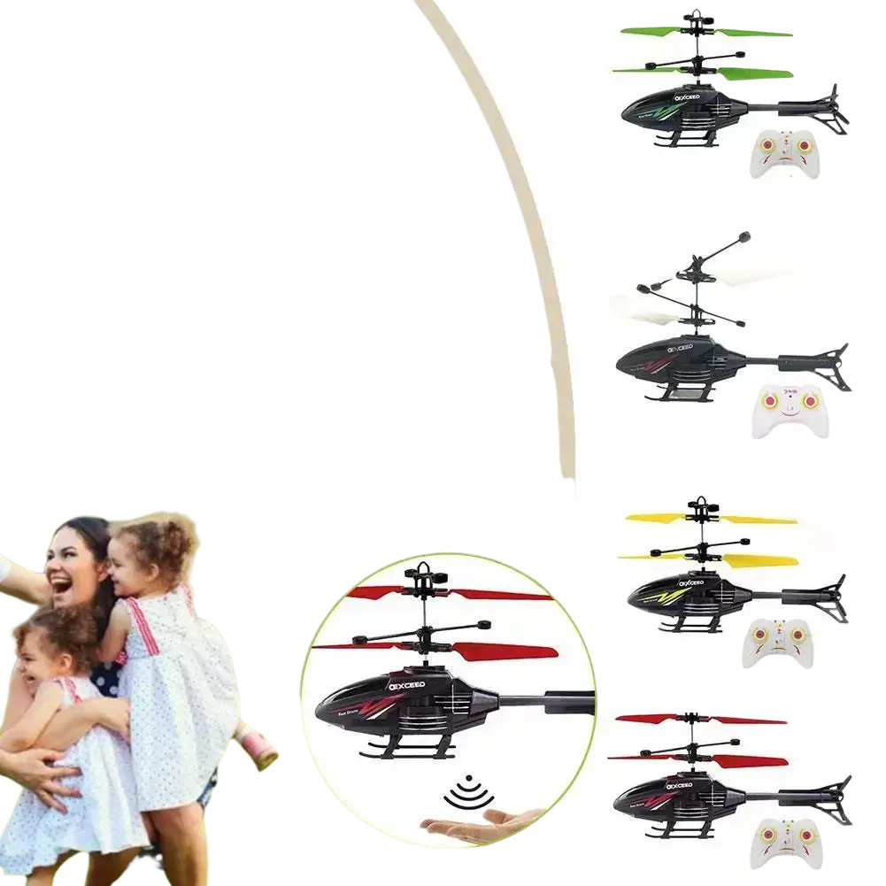 Black remote control induction suspension helicopter toy with sleek plastic body and colorful green yellow red rotor blades