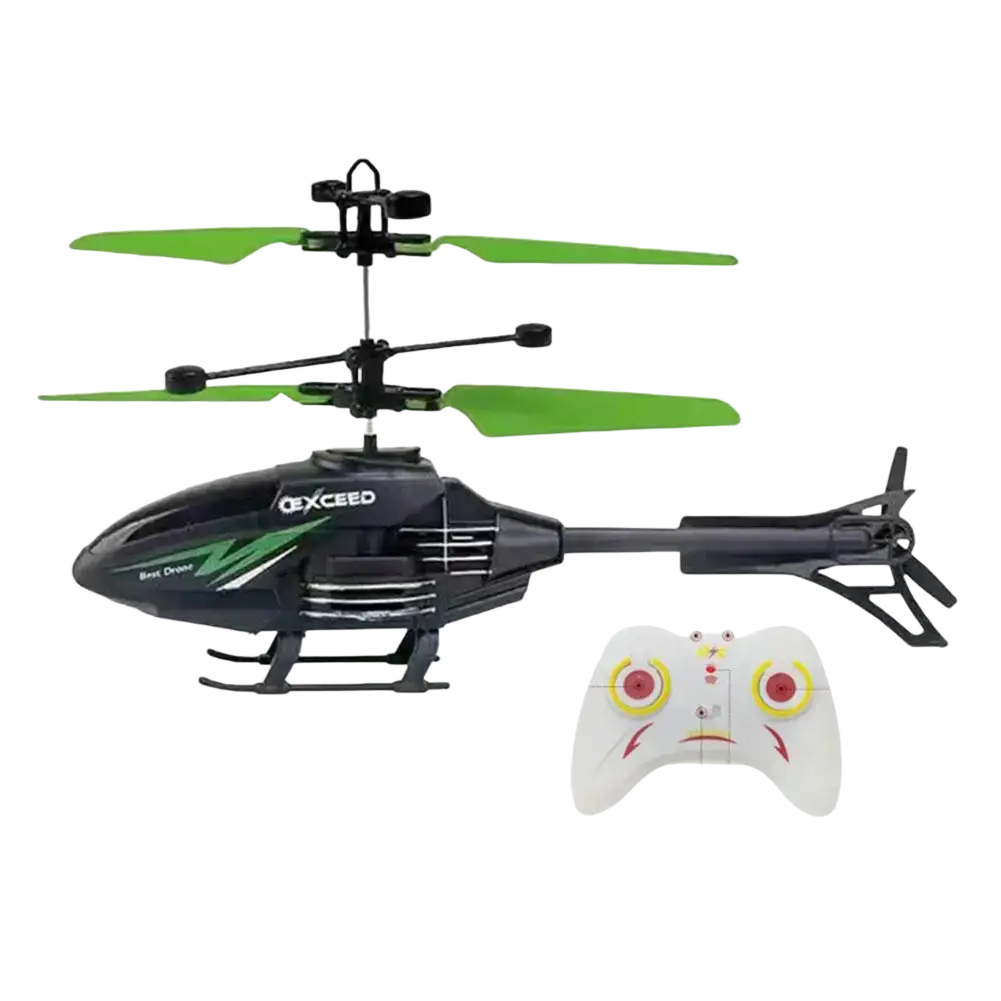 Black and green remote control induction suspension helicopter toy with white controller featuring red and yellow accents