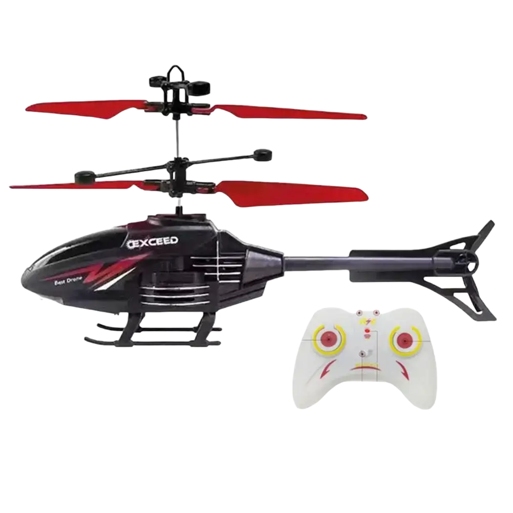 Black and red remote control induction suspension helicopter toy with white controller featuring cartoon eyes