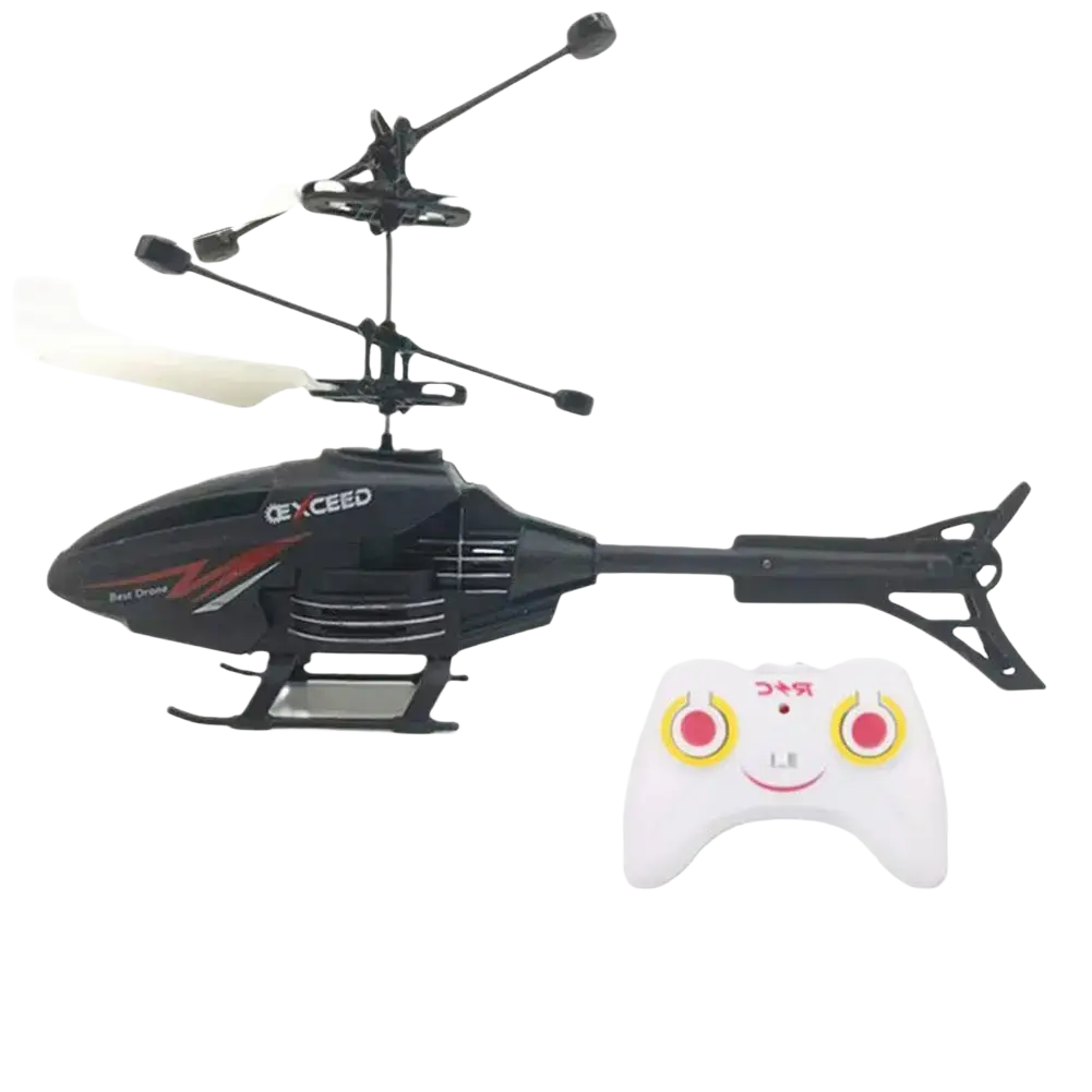 Black and red remote control induction suspension helicopter toy with white propellers and matching white controller with yellow buttons