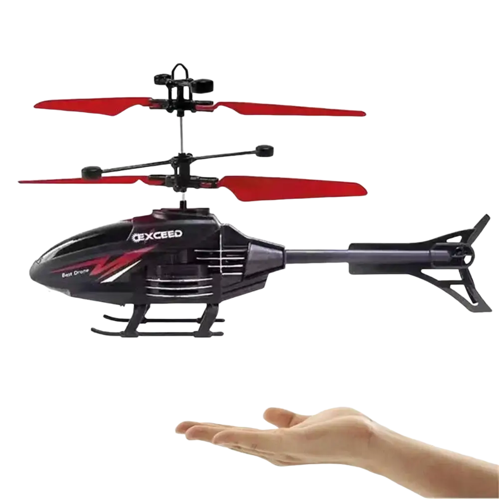 Black and red exceed remote control induction suspension helicopter toy with red blades and aerodynamic design