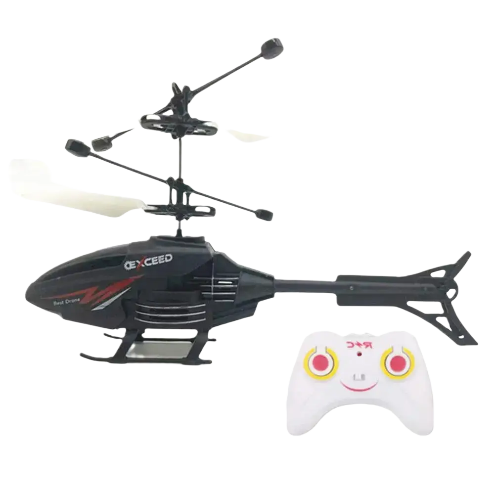 Black and red exceed remote control induction suspension helicopter toy with white propellers and matching white controller