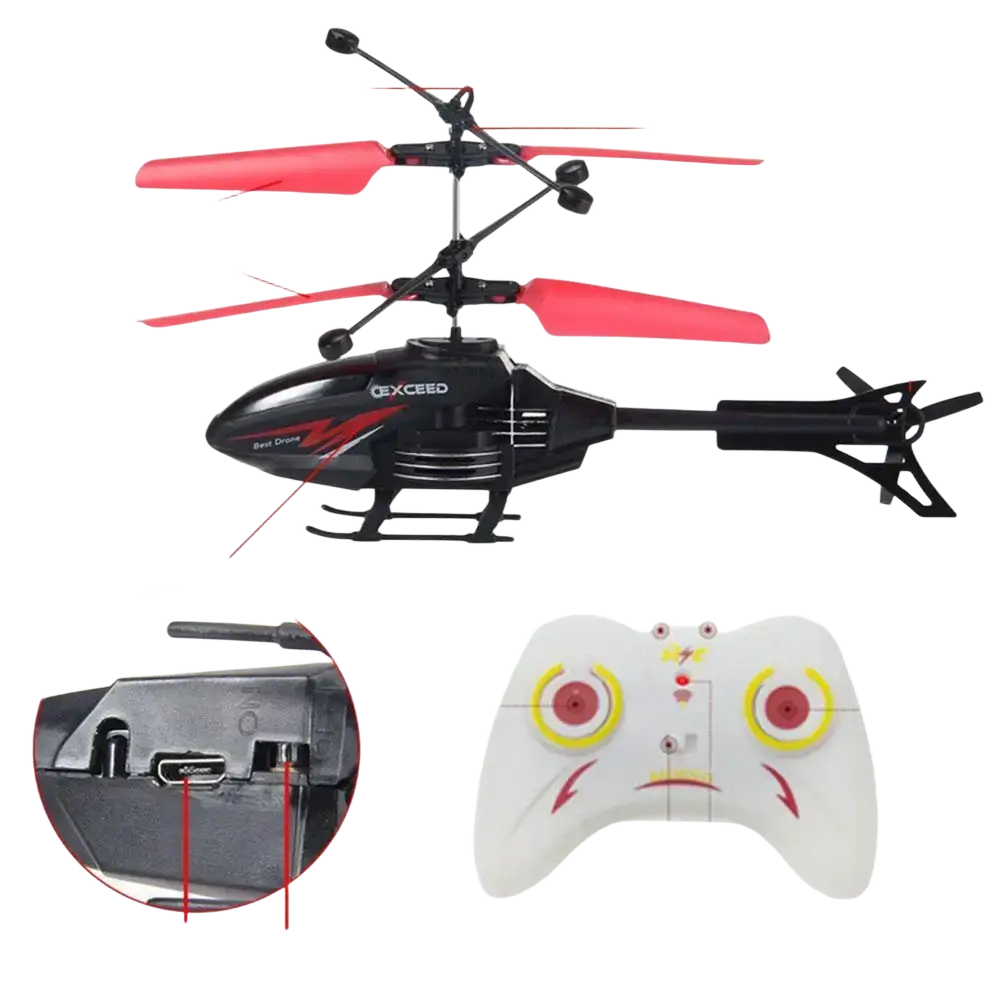 Black and red exceed brand remote control induction suspension helicopter toy with white controller featuring yellow and red accents