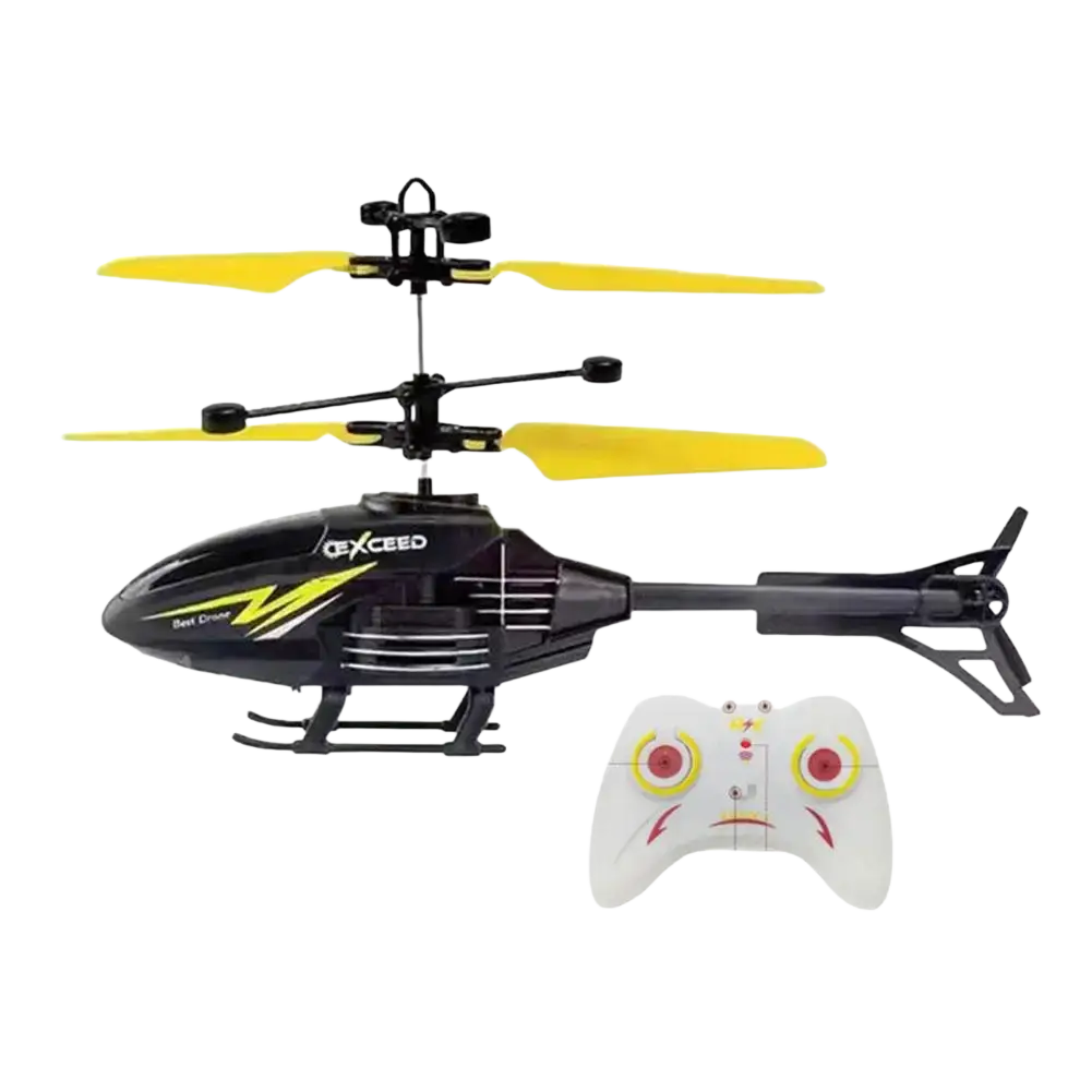 Black and yellow exceed remote control helicopter toy with induction suspension and bright yellow rotor blades