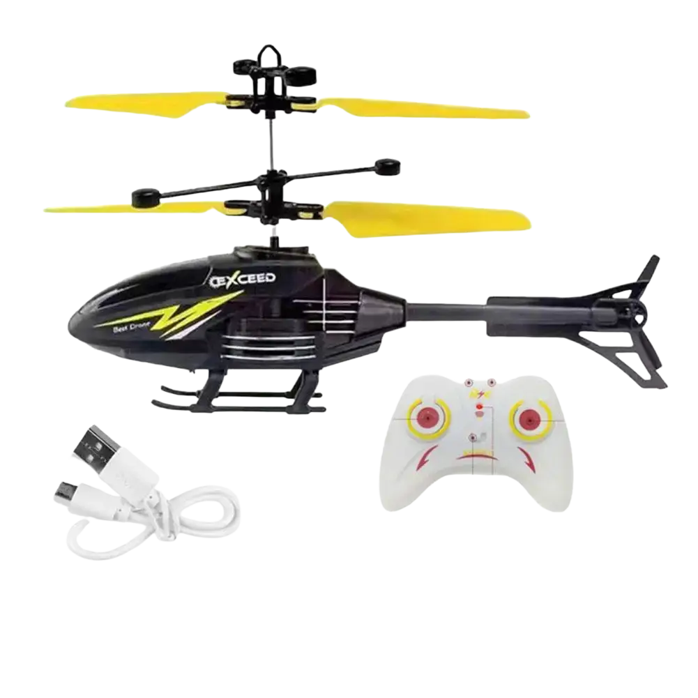 Black and yellow exceed brand remote control induction suspension helicopter with white controller for indoor flying