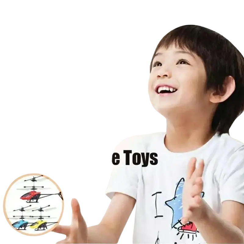 Blue and black remote control mini helicopter toy with glowing green light hovering in midair for indoor play