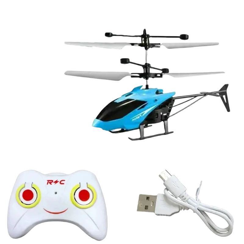 Blue and black remote control mini helicopter toy with white propellers and silver usb charging cable