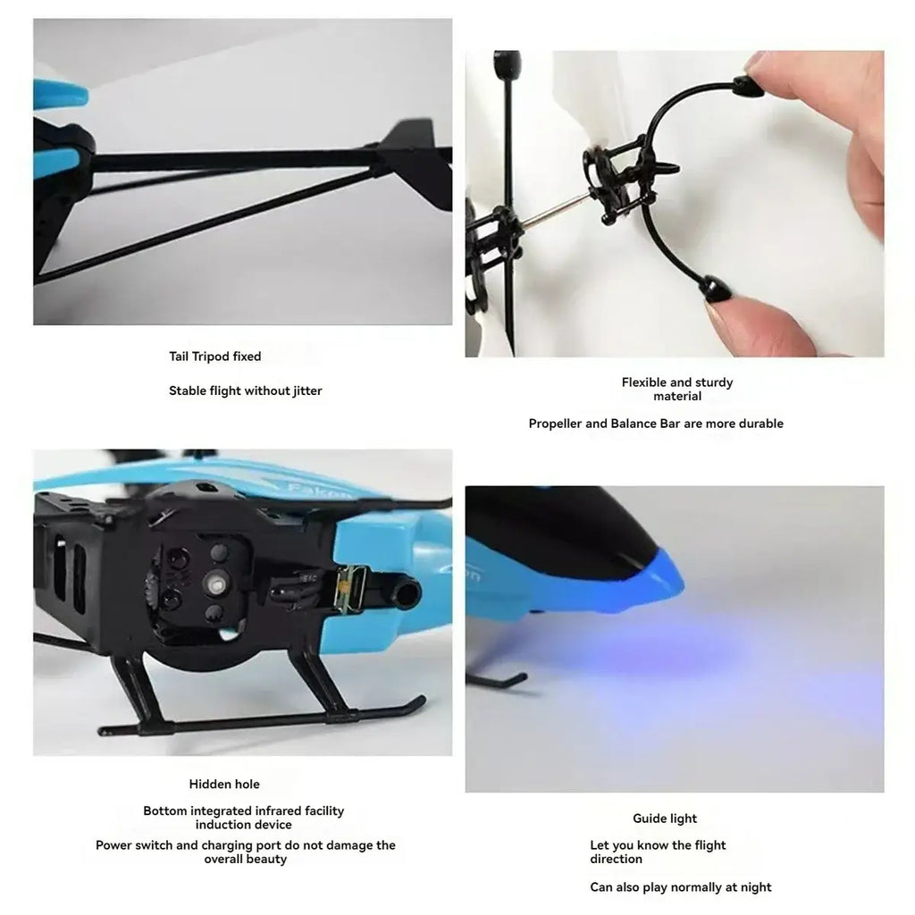 Blue and black remote control mini helicopter toy with led guide light for indoor flying and easy navigation
