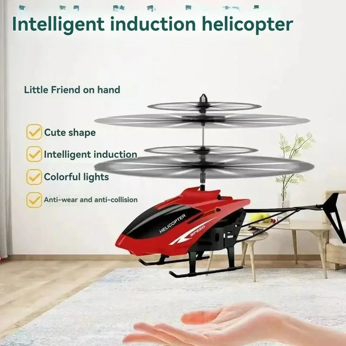 Red and black remote control mini helicopter toy with multiple rotating blades for indoor and outdoor use