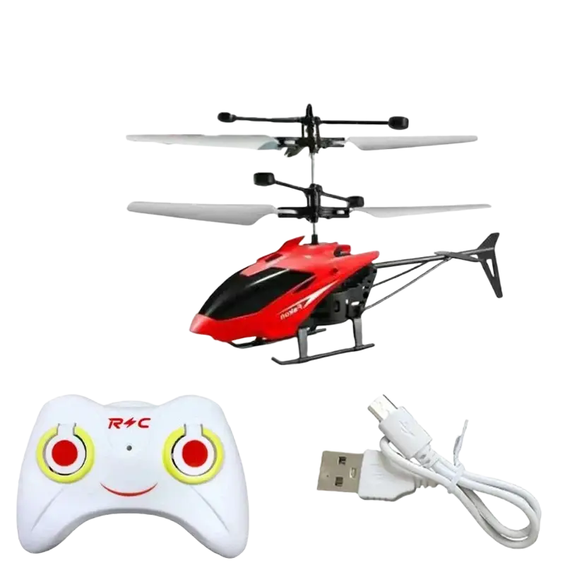 Remote control mini helicopter toy in red and black with white propellers and silver usb charging cable included