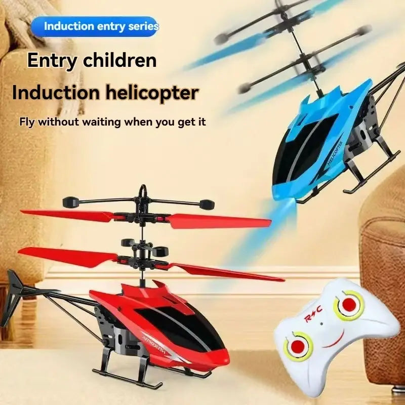 Red and black induction remote control mini helicopter toy with white remote featuring red circular buttons
