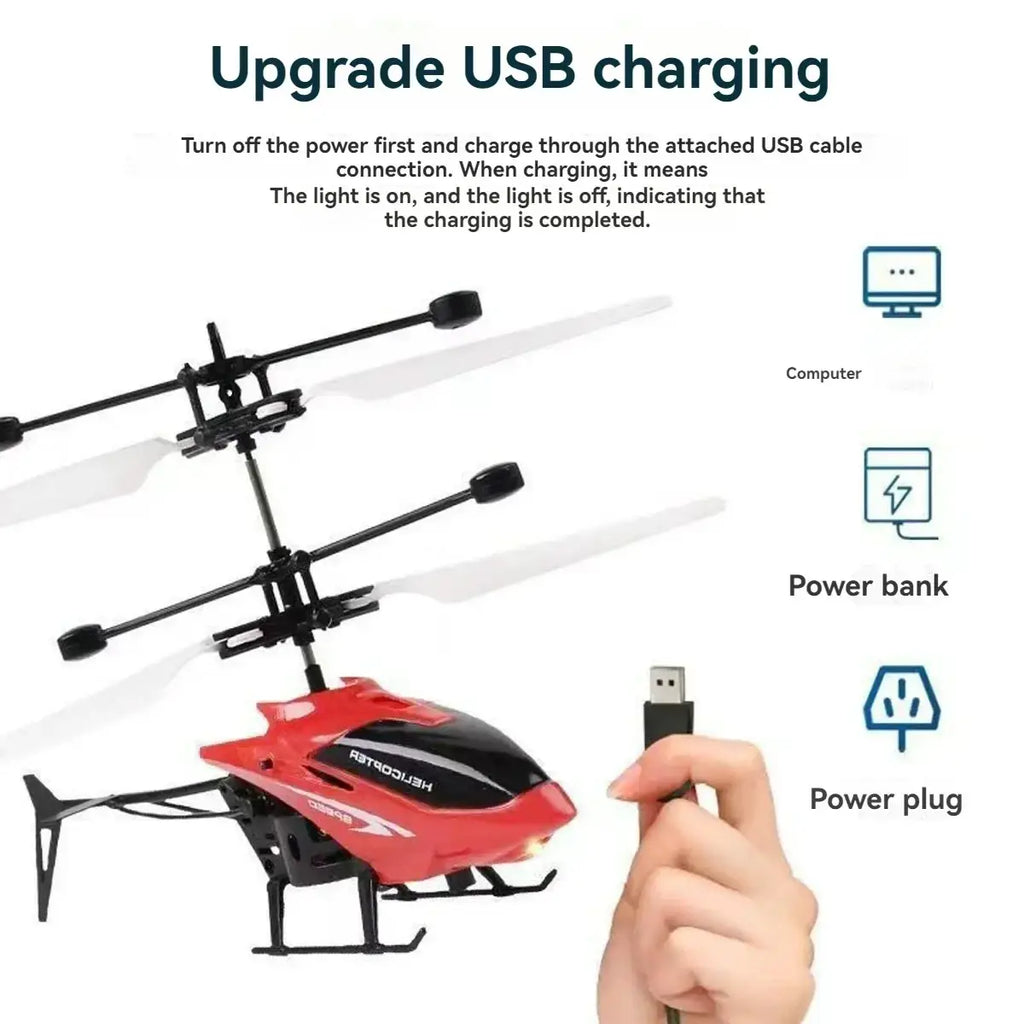 Remote control mini helicopter toy in red and black with white propellers and retrodish branding