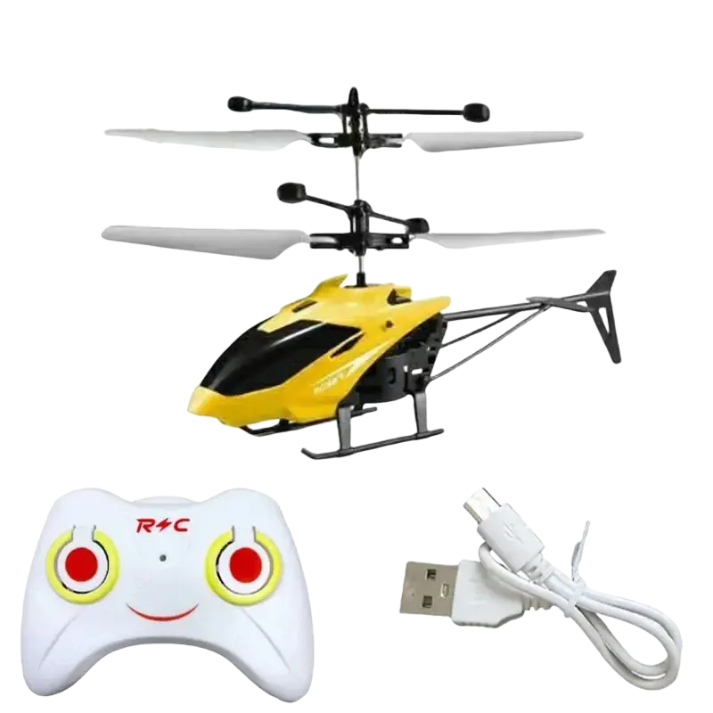 Remote control mini helicopter toy in yellow and black with white propellers, white controller, and usb charging cable
