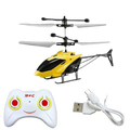 Remote control mini helicopter toy in yellow and black with white propellers, white controller, and usb charging cable
