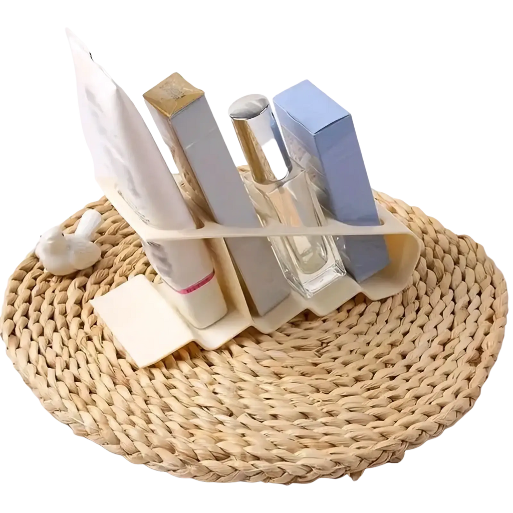 Beige plastic remote control organizer desktop storage rack holding toiletries for bathroom use