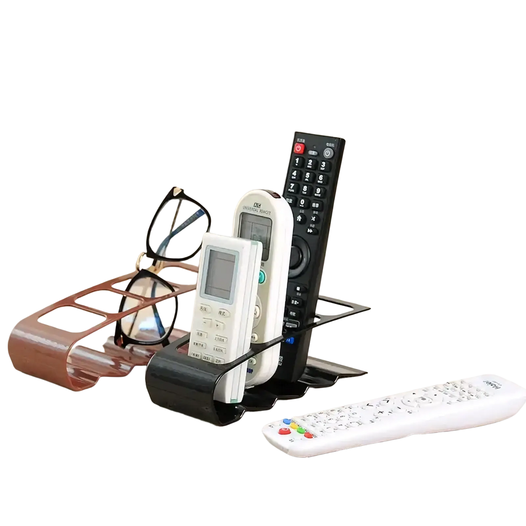 Black plastic remote control organizer desktop storage rack holding multiple remotes and a pair of glasses