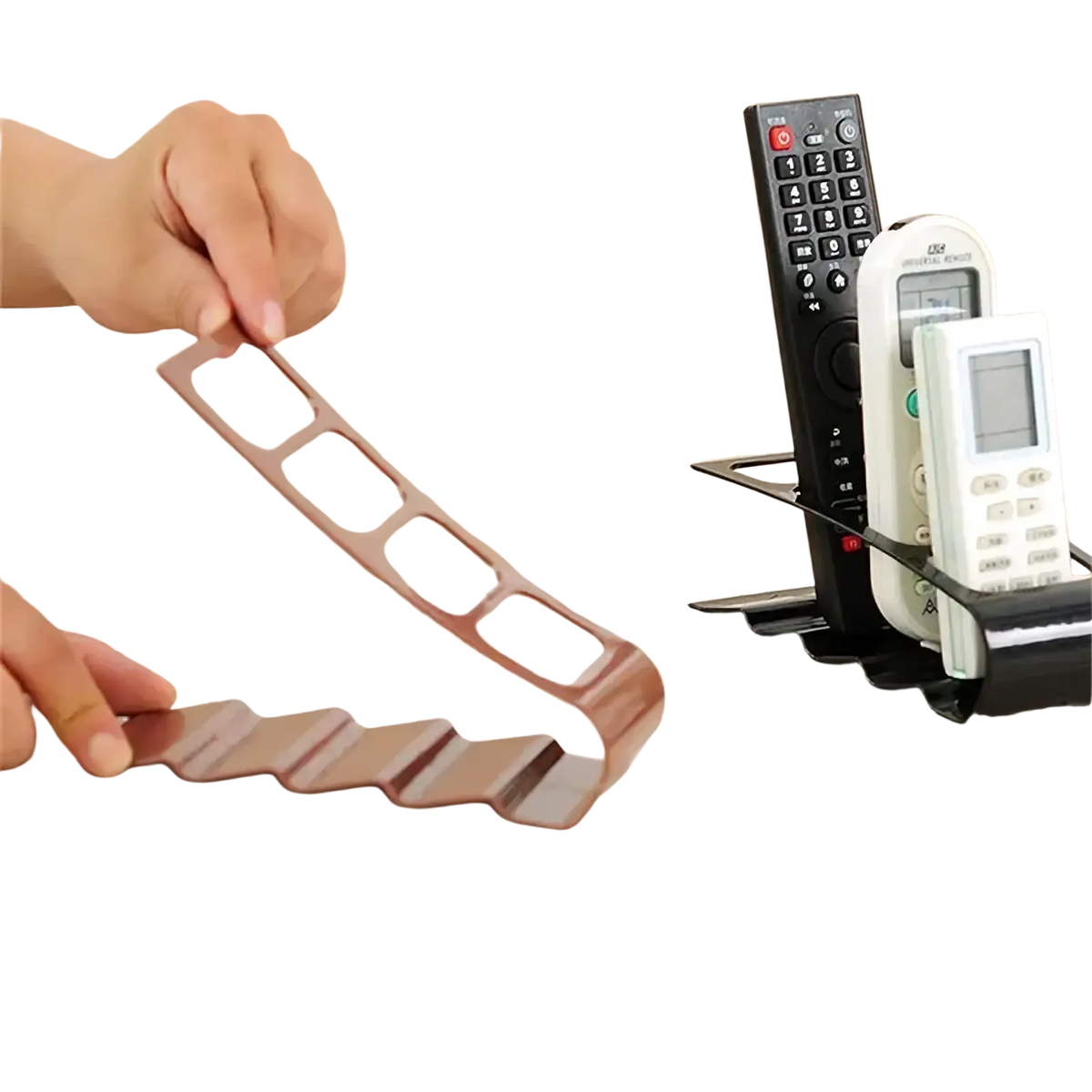 Rose gold flexible plastic remote control organizer with wavy design and multiple slots for desktop storage rack