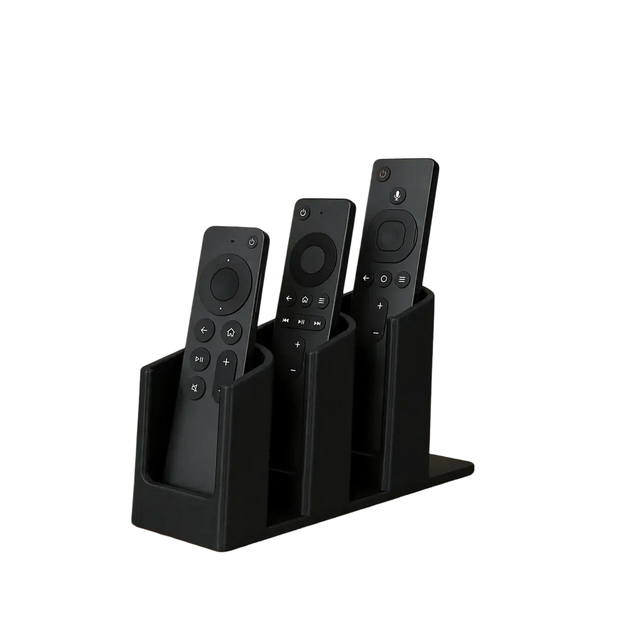 Black plastic remote control organizer with three slots holding different black tv remotes for easy storage