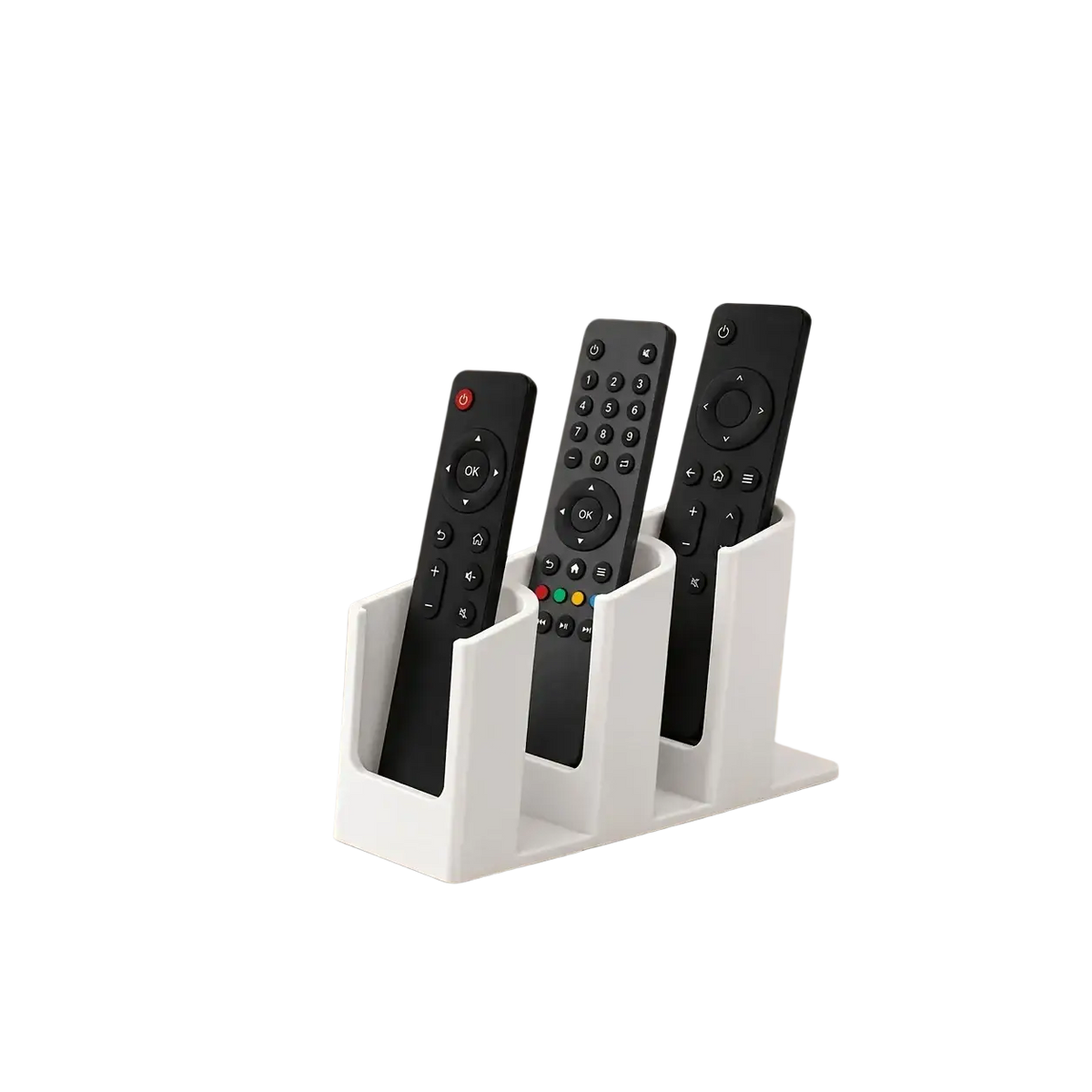 White plastic remote control organizer stand with three slots holding black remotes for easy storage and access