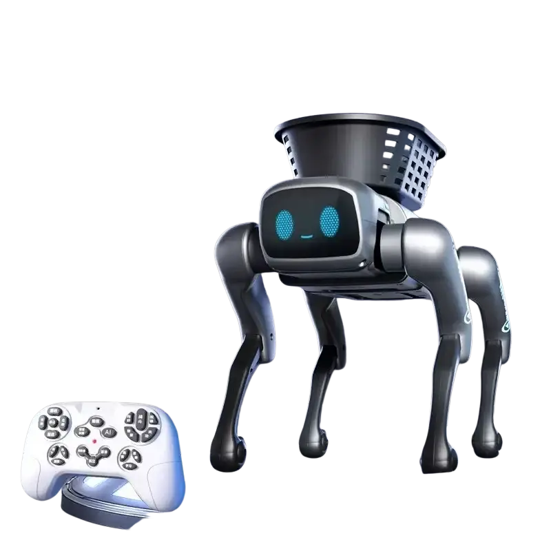 Black remote control robot dog with glowing blue eyes articulated limbs and loading basket on its back