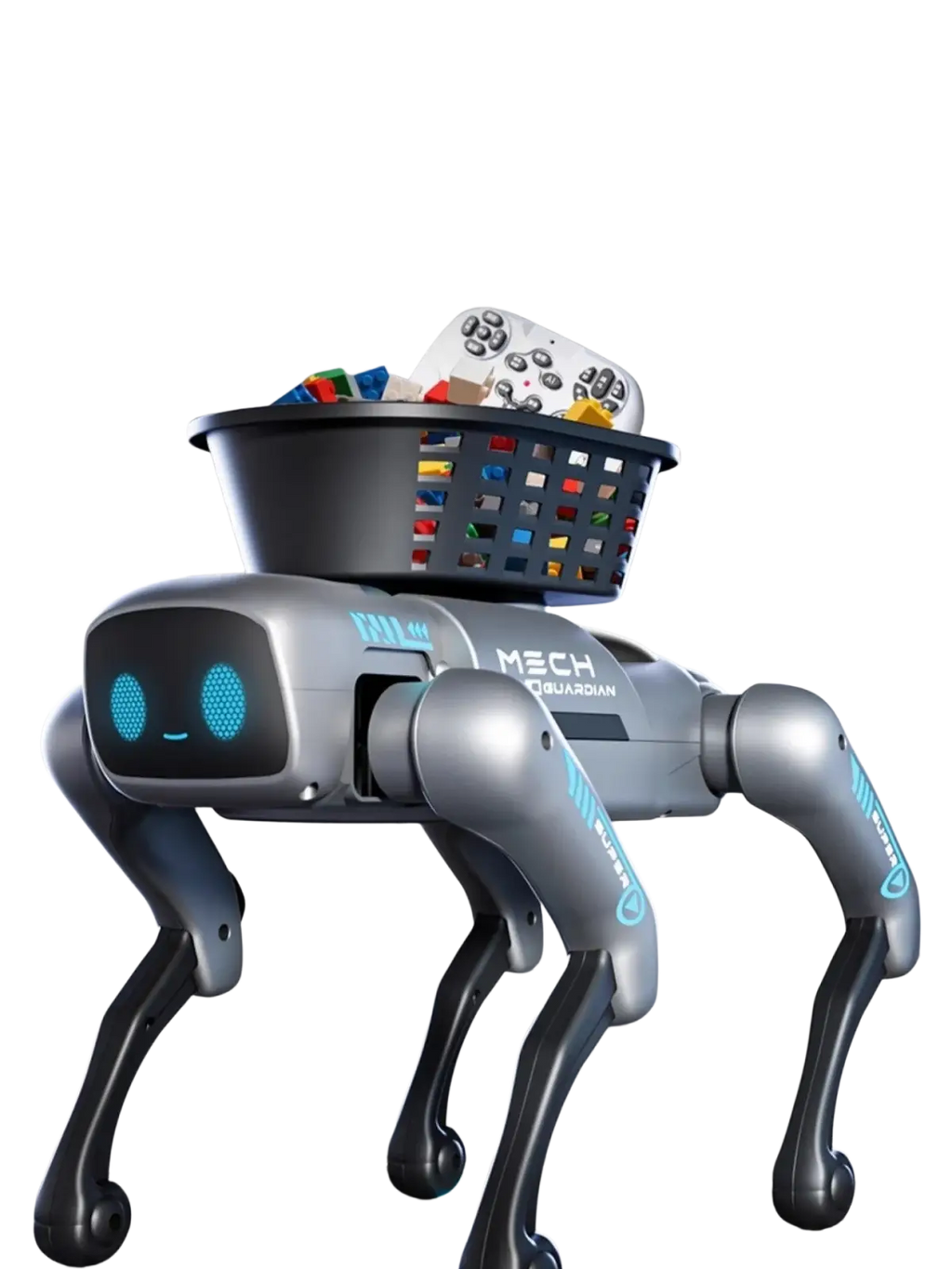 Remote control gray and black smart 4-legged robot dog with loading basket and blue led eyes by mech guardian