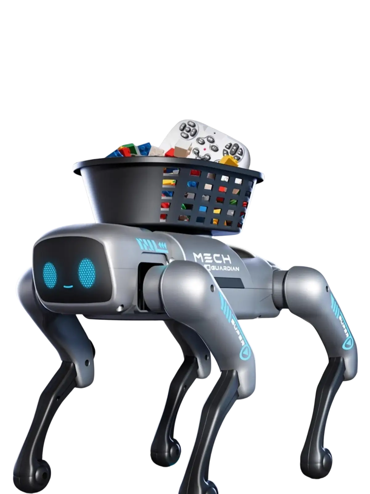 Remote control gray and black smart 4-legged robot dog with loading basket and blue led eyes by mech guardian