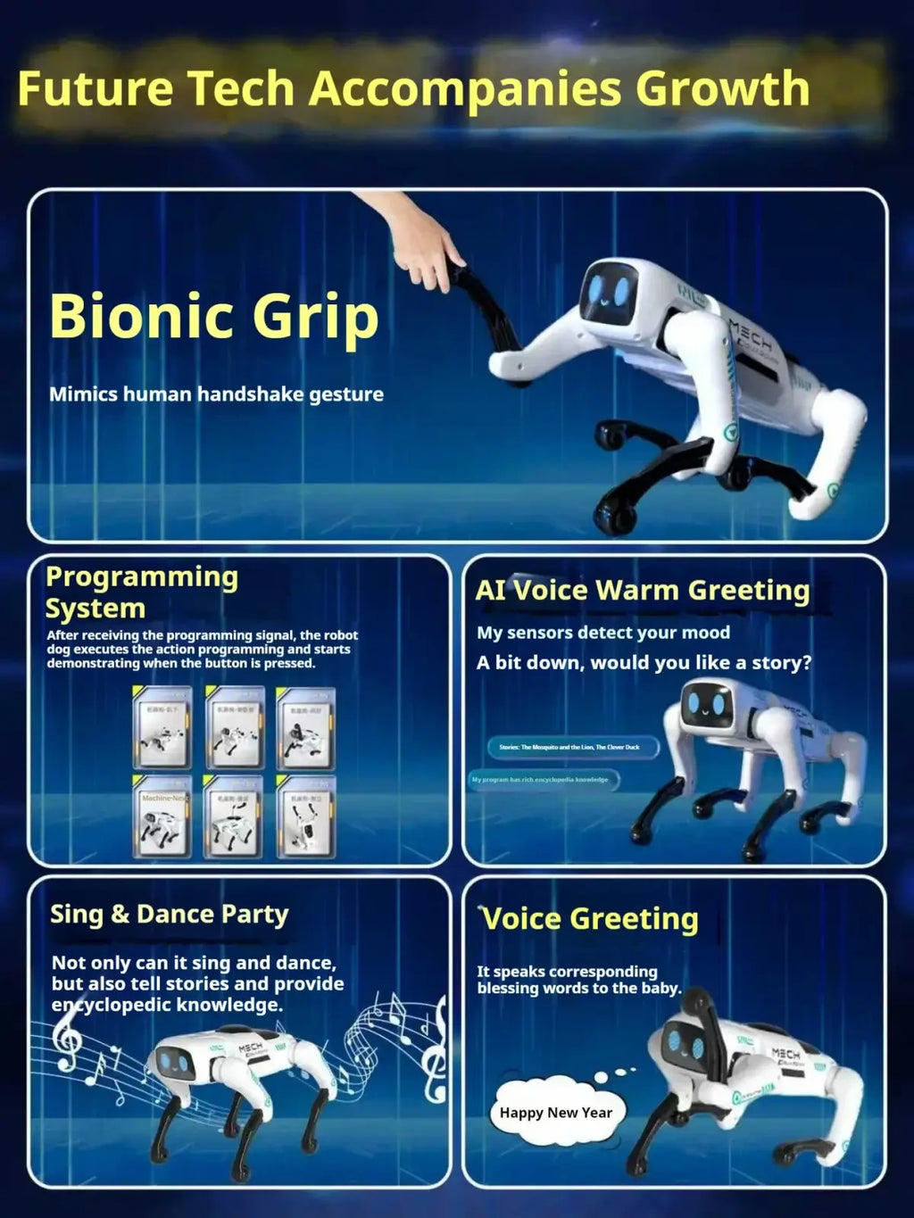 Remote control robot dog with white and black bionic limbs and loading basket mimicking human gestures