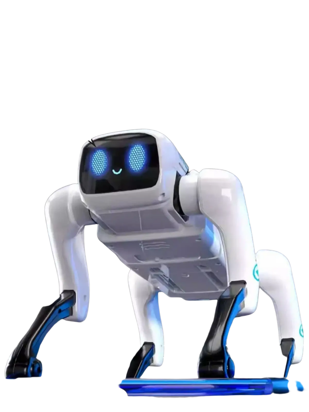 White and blue leo bright expression remote control robot dog with glowing blue face lights and loading basket