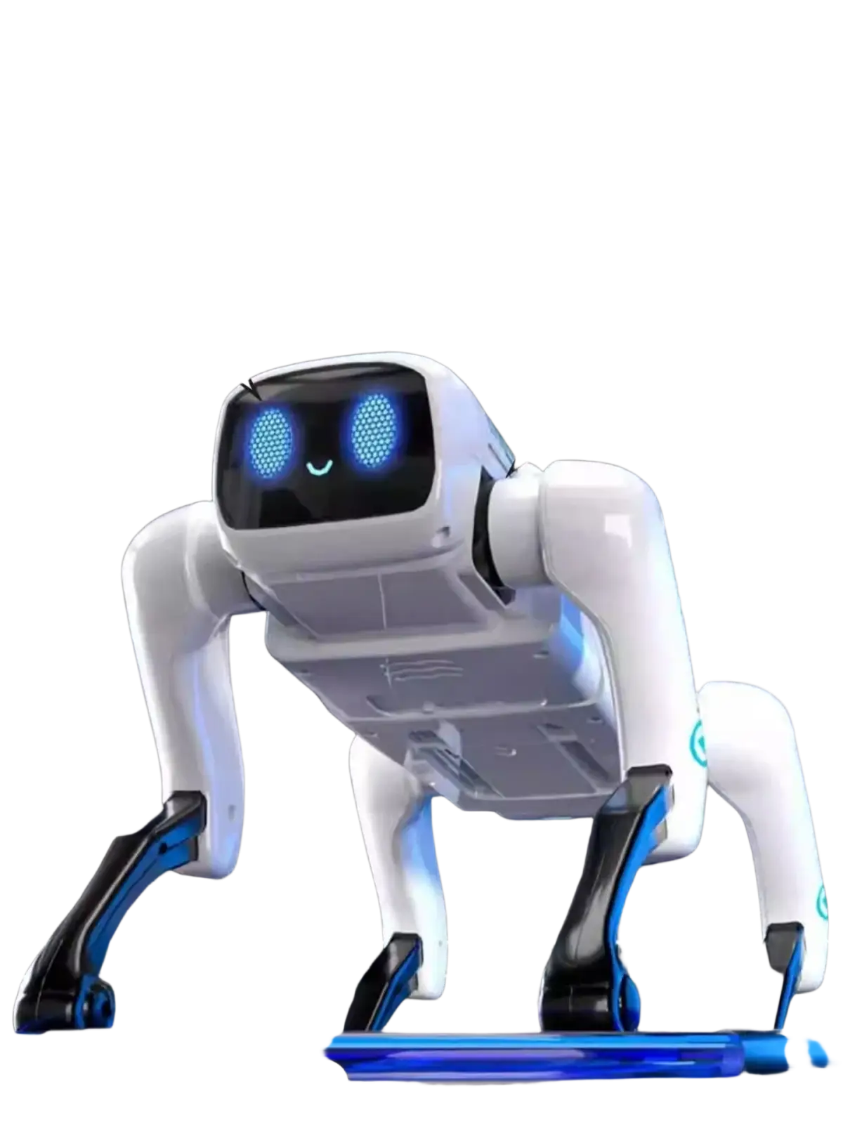 White and blue leo bright expression remote control robot dog with glowing blue face lights and loading basket