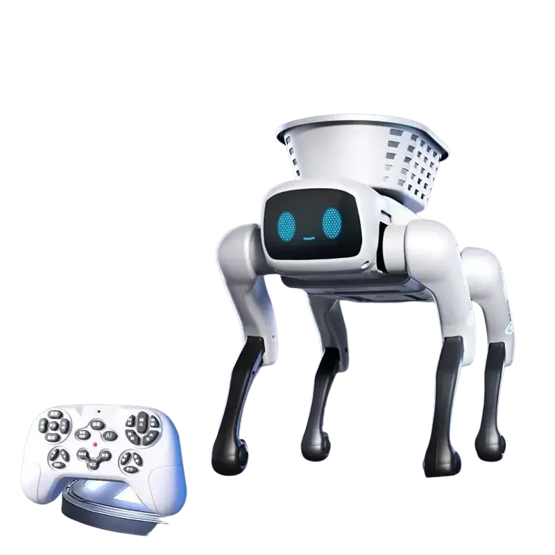 White remote control robot dog with black legs blue glowing eyes and a loading basket on its back