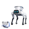 White remote control robot dog with black legs blue glowing eyes and a loading basket on its back