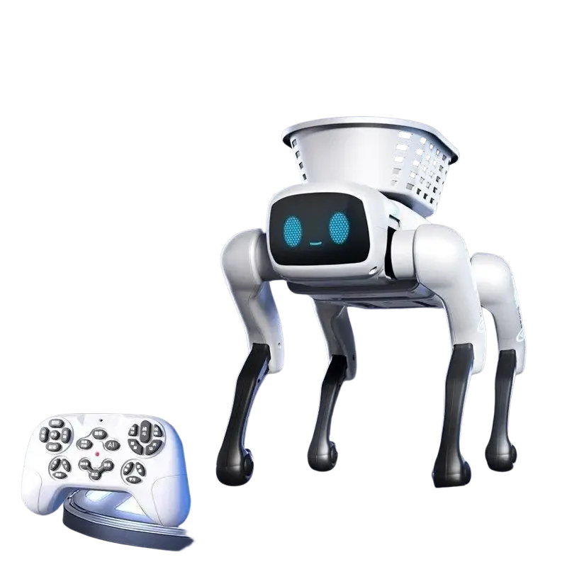 White remote control robot dog with flexible limbs blue glowing eyes and a basket on its back for loading small items