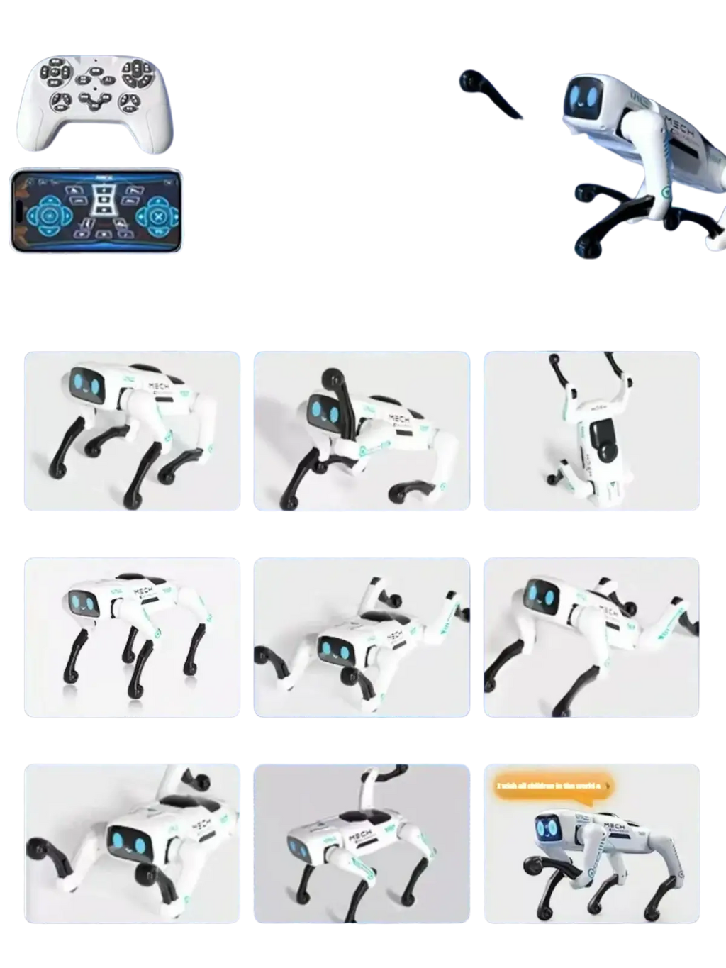 White remote control robot dog with black legs blue glowing eyes and loading basket for interactive play